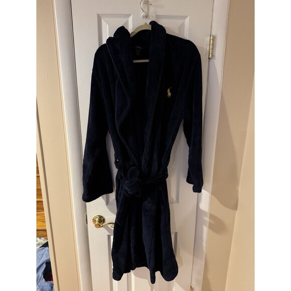 Polo Ralph Lauren Polo Men’s Navy Robe Plush Velour Small Medium Pockets Belt - Picture 5 of 6